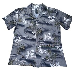 Palmwave Hawaii Aloha Shirt XL Gray Map Print Surfer‎ Palm Trees 100% Cotton